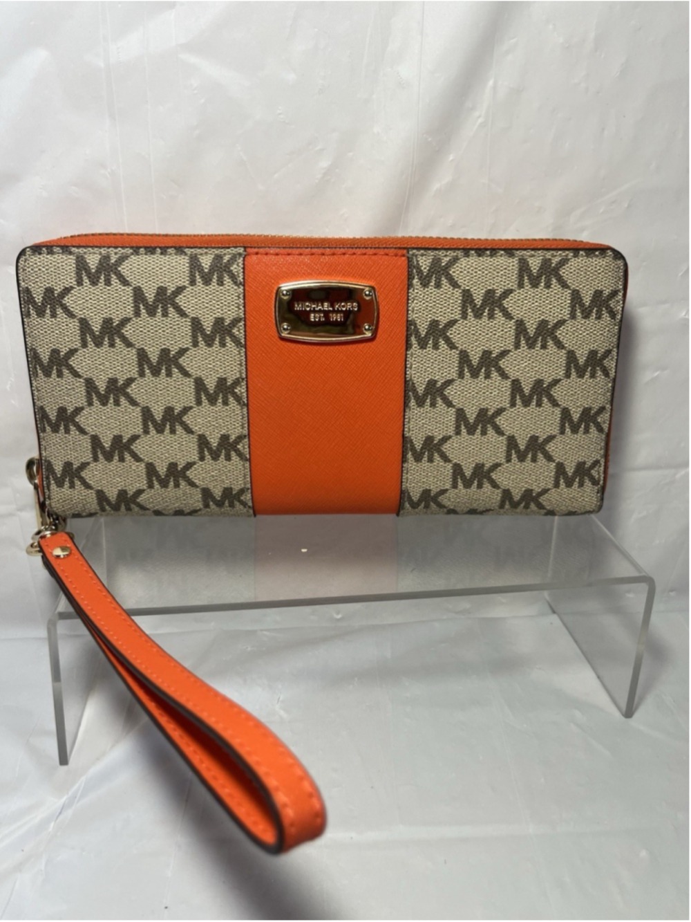 Michael Kors Center Stripe Travel Continental Wallet/Wristlet in Natural/Orange